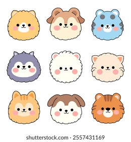 Cute Cartoon Animal Faces Kawaii Style Illustration