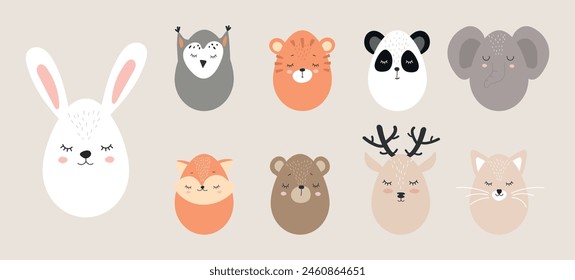 Caras lindas de animales de dibujos animados en los huevos de Pascua. La Fiesta de la Pascua. Ilustración vectorial