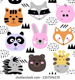 Cute cartoon animal faces seamless pattern. Scandinavian childish illustration  on white background. Creative texture for kids fabric, apparel, textile, wrapping, wallpaper - Vector.