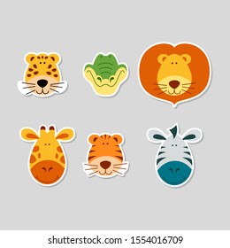 Cute cartoon animal faces set. Stickers with funny characters. Leopard, crocodile, lion, giraffe, tiger and zebra. Flat vector illustartion.