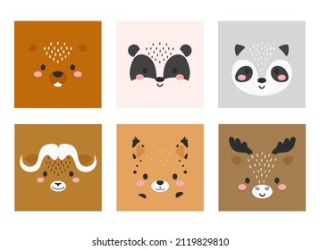 Cute cartoon animal faces set. Party decor for children. Childish print for cards, stickers, invitation, nursery decoration. Vector stock illustration. 