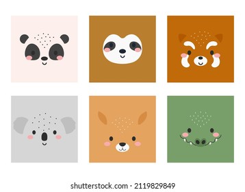 Caras animales de dibujos animados. Decoración de fiestas para los niños. Impresión infantil para tarjetas, pegatinas, invitación, decoración de vivero. Ilustración de material vectorial. 