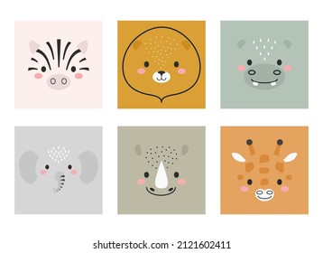 Cute cartoon animal faces set. Party decor for children. Childish print for cards, stickers, invitation, nursery decoration. Vector stock illustration. 