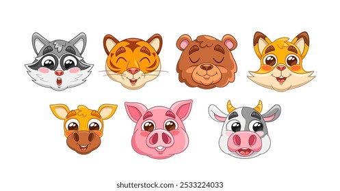 Bonito Conjunto de Cartoon Animal Faces. Personagens Adoráveis Incluindo Urso, Guaxinim, Tigre, Raposa, Vaca, Porco E Girafa Isolados