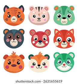 Cute Cartoon Animal Faces Set – Flat Vector Collection of Adorable Tiger, Bear, Fox, and Other Animal Heads for Kids, Stickers, and Education