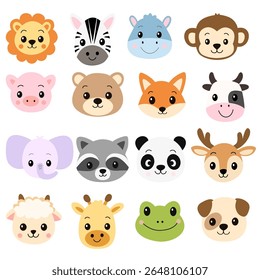 Rostos bonitos de animais de desenhos animados: leão, zebra, hipopótamo, macaco, porco, urso, raposa, vaca, elefante, guaxinim, panda, veado, ovelha, girafa, rã e cachorro. Desenhos, adesivos e impressões das crianças. Ilustração vetorial.