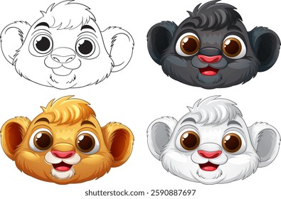 Cute cartoon animal faces in various colors