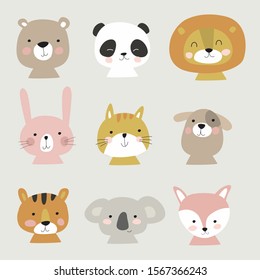 Cute cartoon animal faces in vector style.