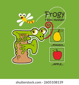 Cute cartoon animal frog with letter f, Flat Vector Illustration