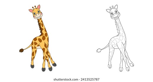Cute cartoon animal giraffe line and color illustration. Cartoon vector illustration for coloring book.