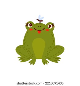 Cute cartoon animal green funny frog with insect bug on nose, vector amphibian toad. Funny isolated animal face muzzle, kawaii portrait baby frog