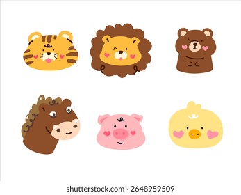 cute cartoon animal heads. Lion, horse, chick, pig, bear, tiger vector art and illustration.
