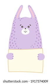 Cute cartoon animal holding tag sign with copy space. set greeting card banner invitation flyer brochure. cartoon hand drawn style. Little pets with blank marksign information plate