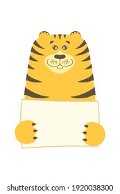 Cute cartoon animal holding tag sign with copy space. set greeting card banner invitation flyer brochure. cartoon hand drawn style. Little pets with blank marksign information plate