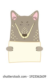Cute cartoon animal holding tag sign with copy space. set greeting card banner invitation flyer brochure. cartoon hand drawn style. Little pets with blank marksign information plate