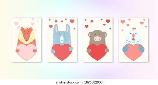 Cute cartoon animal holds a heart sign with copy space. set valentine's day greeting card banner invitation flyer brochure. cartoon hand drawn style. Little animals pets in love, declaration of love