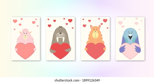 Cute cartoon animal holds a heart sign with copy space. set valentine's day greeting card banner invitation flyer brochure. cartoon hand drawn style. Little animals pets in love, declaration of love
