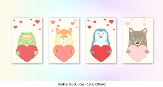 Cute cartoon animal holds a heart sign with copy space. set valentine's day greeting card banner invitation flyer brochure. cartoon hand drawn style. Little animals pets in love, declaration of love