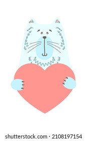 Cute cartoon animal holds a heart sign with copy space. set valentine's day greeting card banner invitation flyer brochure. cartoon hand drawn style. Little animals pets in love, declaration of love