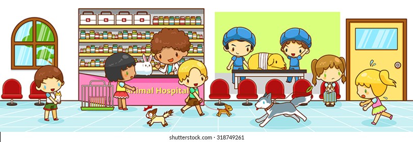 Cute cartoon animal hospital interior scene with owners bringing their pet dog cat and rabbit to diagnose and cure by professional veterinarian vet and other funny activities going, create by vector
