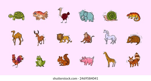 Cute cartoon animal icon character  hand drawn vector illustration set. Wild, domestic, pet animal collection.