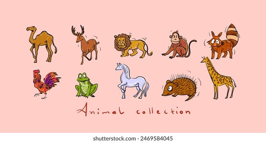 Cute cartoon animal icon character  hand drawn vector illustration set. Wild, domestic, pet animal collection.
