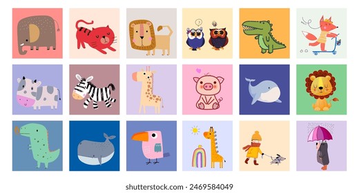 Cute cartoon animal icon character  hand drawn vector illustration set. Wild, domestic, pet animal collection.