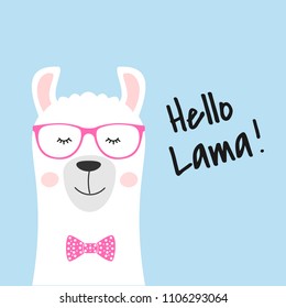 Cute cartoon animal and inscription Hello lama. Sweet kids graphics for t-shirts. Greeting card.