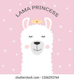 Bastante caricatura de la princesa lama en un fondo rosa. Niños dulces gráficos para camisetas. Tarjeta de felicitación.