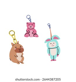 Cute cartoon animal keychains featuring bear, monster, and hamster characters for school supplies and accessories.