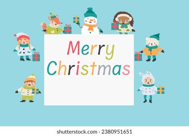 cute cartoon animal and kid character on xmas card