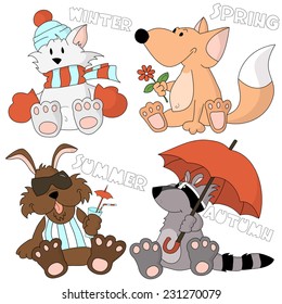 Cute cartoon animal kids, 4 seasons of nature set. Spring fox with a flower, summer dog sunbathing with a cocktail, autumn raccoon under a huge umbrella, winter cat braided in a big scarf.