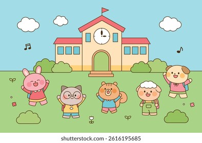 Cute cartoon animal kids going to school, cheerful morning scene with a clock tower and backpacks. Flat style for children’s content.