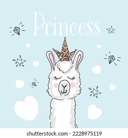 Cute cartoon animal lama and inscription princess