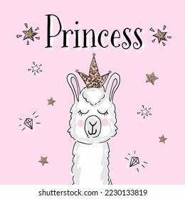 Cute cartoon animal lama and inscription princess