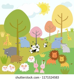 cute cartoon animal life in big zoo, wildlife in a forest, illustration vector by freehand doodle comic art.