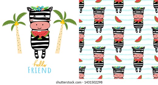 Cute cartoon animal little zebra with watermelon hello friend card and seamless pattern decorated with plamtree and flowers.Vector design for kids,baby,nursery fashion and print as t shirt,phone case.
