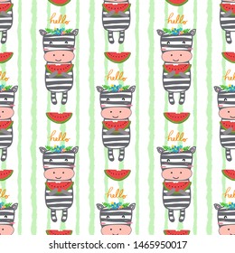 Cute cartoon animal little zebra say hello with red watermelon seamless pattern decorated with flowers.Vector design for kids,baby,nursery fashion and print as t shirt,phone case.