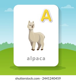Cute cartoon animal llama alpaca with the letter A in the alphabet on a card for children's vector illustration, unique design for postcards, educational materials, posters, invitations