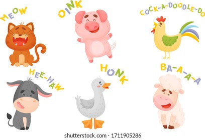 Cute Cartoon Animal Making Sounds Vector Illustrations Set