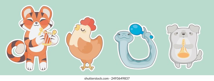 Cute cartoon animal musicians band mascot collection. Beast and bird with music instruments playing and singing song. Childish tiger with lyre, chicken singer, snail with maracas and dog with clarinet