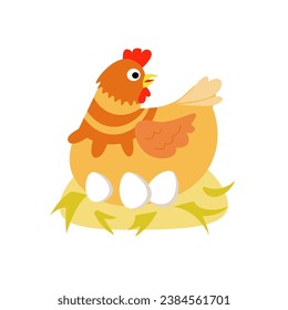 Cute cartoon animal on farm for design. Hen with eggs on nest. Isolated illustration on background. Vector picture for books, worksheets, cards. 