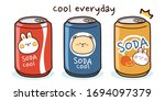 Cute cartoon animal on soda can hand drawn set. Cool everyday writing background. Kawaii  character design collection. Rabbit, bear doodle style. Vector. Illustration.