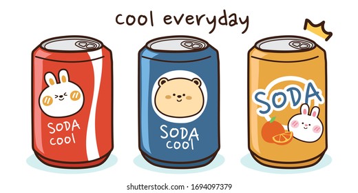 Cute cartoon animal on soda can hand drawn set. Cool everyday writing background. Kawaii  character design collection. Rabbit, bear doodle style. Vector. Illustration.