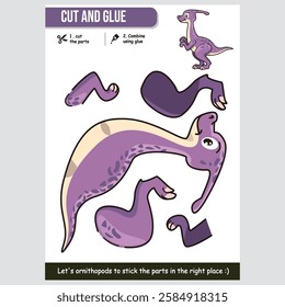 Cute cartoon animal ornithopods cut and glue worksheet for kids. Fun and interactive dinosaur learning activity.