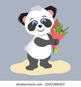Cute cartoon animal panda with a bouquet of bamboo. Flat vector illustration isolated on grey background.