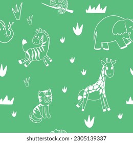 Cute cartoon animal pattern in doodle style. Savannah travel vector print with zebra, elephant, giraffe, tiger