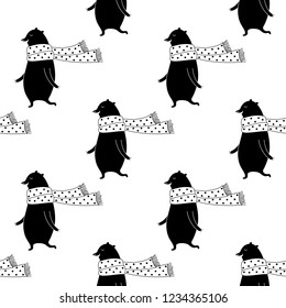 Cute cartoon animal pattern with hand drawn bear in scarf. Sweet vector black and white animal pattern. Seamless monochrome doodle animal pattern for textile, wallpapers, wrapping paper and cards.