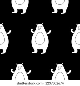 Cute cartoon animal pattern with hand drawn bears. Sweet vector black and white animal pattern. Seamless monochrome doodle animal pattern for textile, wallpapers, wrapping paper, cards and web.