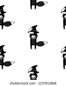 Cute cartoon animal pattern with hand drawn fox. Sweet vector black and white animal pattern. Seamless monochrome cheerful animal pattern for textile, wallpapers, wrapping paper, cards and web.